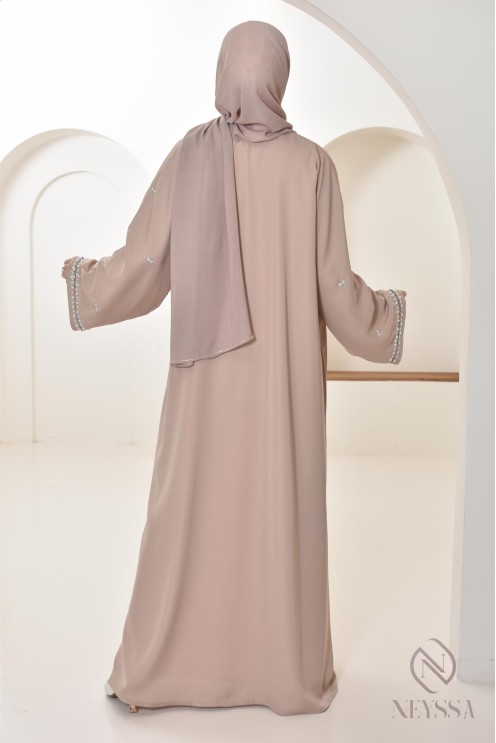 Abaya Dubaï kimono nude pour femme hijabi, abaya perlés style oriental