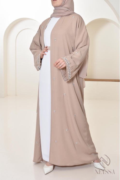 Abaya Dubaï kimono nude pour femme hijabi, abaya perlés style oriental