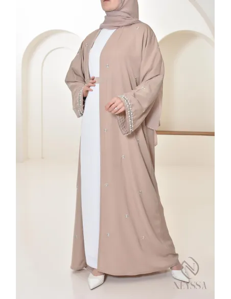 Abaya Dubaï kimono nude pour femme hijabi, abaya perlés style oriental