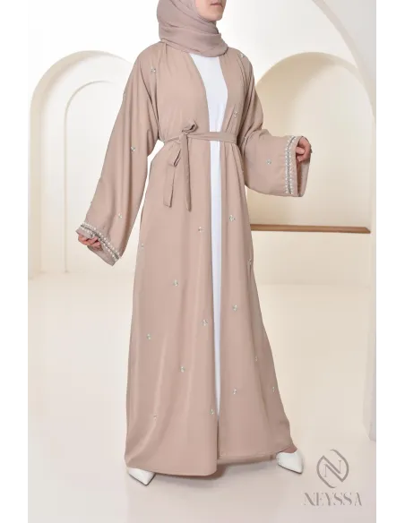 Abaya Dubaï kimono nude pour femme hijabi, abaya perlés style oriental
