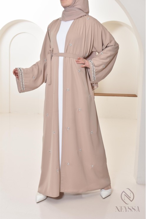 Abaya Dubaï kimono nude pour femme hijabi, abaya perlés style oriental
