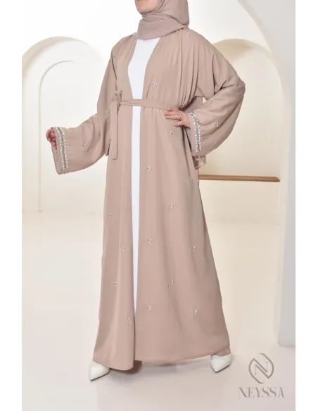 Abaya Dubaï kimono nude pour femme hijabi, abaya perlés style oriental