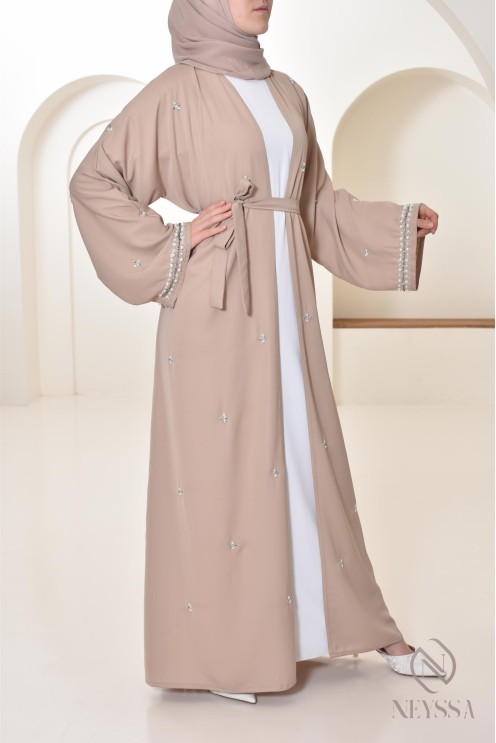Abaya Dubaï kimono nude pour femme hijabi, abaya perlés style oriental