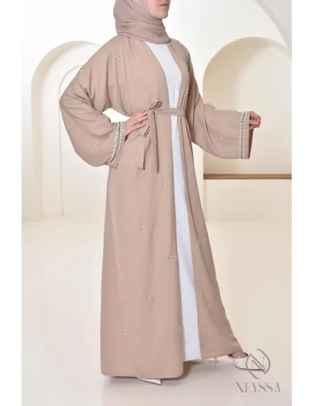 Abaya Dubaï kimono nude pour femme hijabi, abaya perlés style oriental