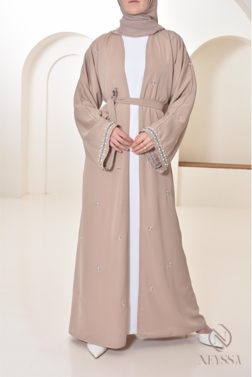 Abaya Dubaï kimono nude pour femme hijabi, abaya perlés style oriental