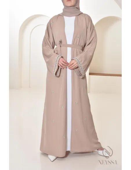 Abaya Dubaï kimono nude pour femme hijabi, abaya perlés style oriental