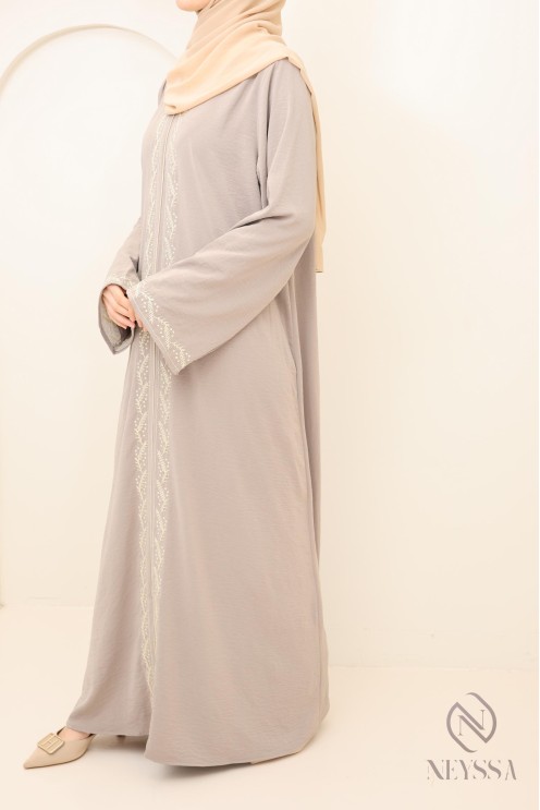 women's long taupe abaya with modern embroidery, modest fashion