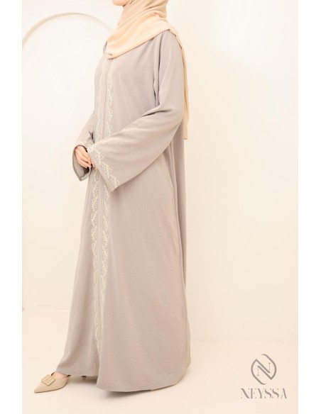 women's long taupe abaya with modern embroidery, modest fashion
