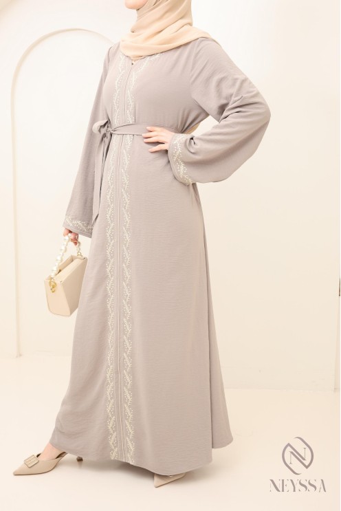 women's long taupe abaya with modern embroidery, modest fashion