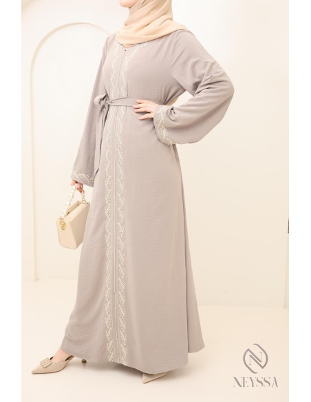 women's long taupe abaya with modern embroidery, modest fashion