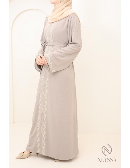 women's long taupe abaya with modern embroidery, modest fashion