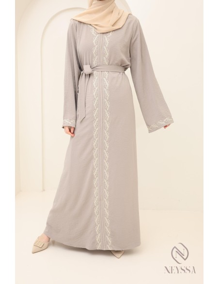 women's long taupe abaya with modern embroidery, modest fashion