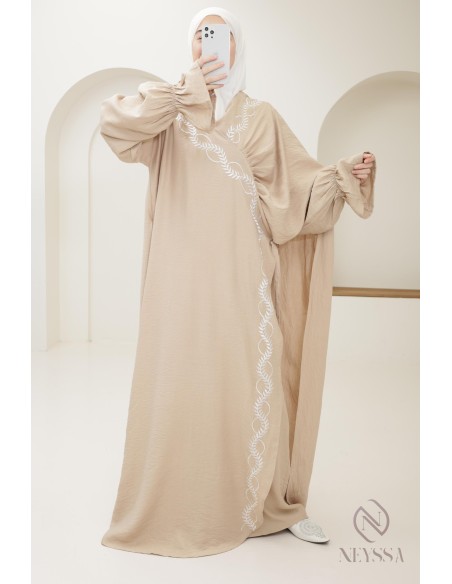prayer dress kimono beige integrated hijab woman, ramadan 2025
