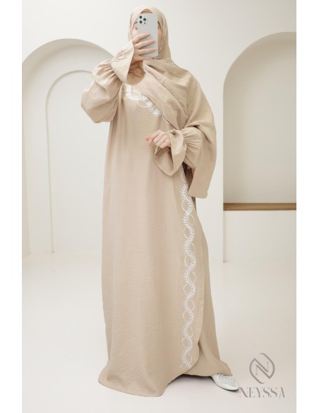 prayer dress kimono beige integrated hijab woman, ramadan 2025