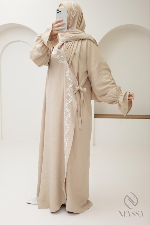 prayer dress kimono beige integrated hijab woman, ramadan 2025