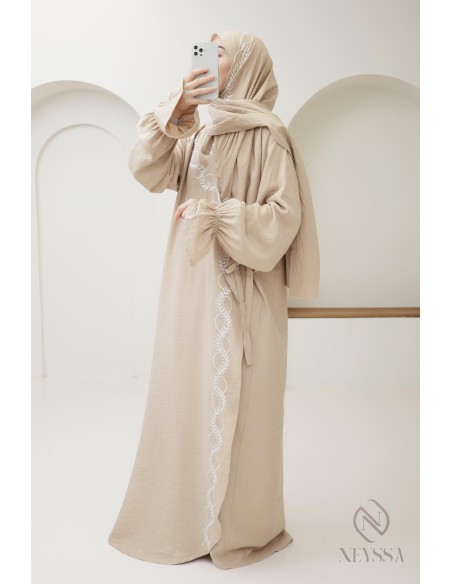 Gebetskleid Kimono beige Hijab integriert Frau, Ramadan 2025