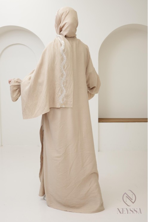 robe de prière kimono beige hijab intégré femme, ramadan 2025
