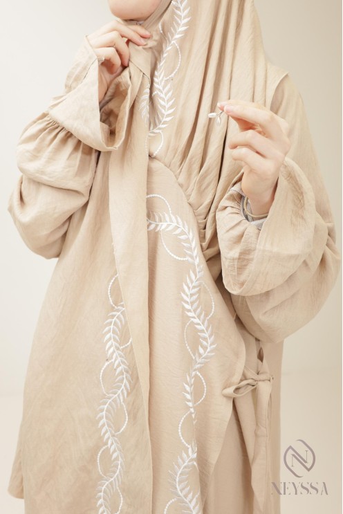 prayer dress kimono beige integrated hijab woman, ramadan 2025
