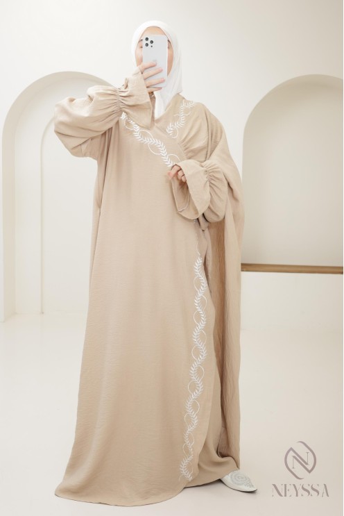 Gebetskleid Kimono beige Hijab integriert Frau, Ramadan 2025