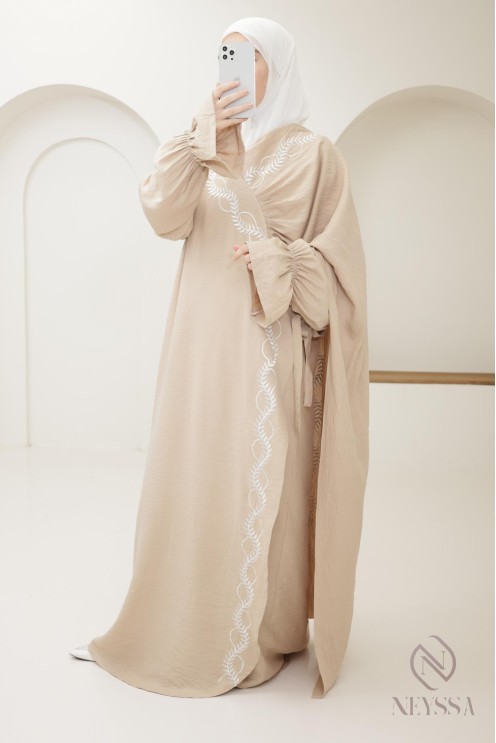 prayer dress kimono beige integrated hijab woman, ramadan 2025