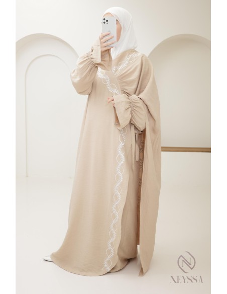 prayer dress kimono beige integrated hijab woman, ramadan 2025
