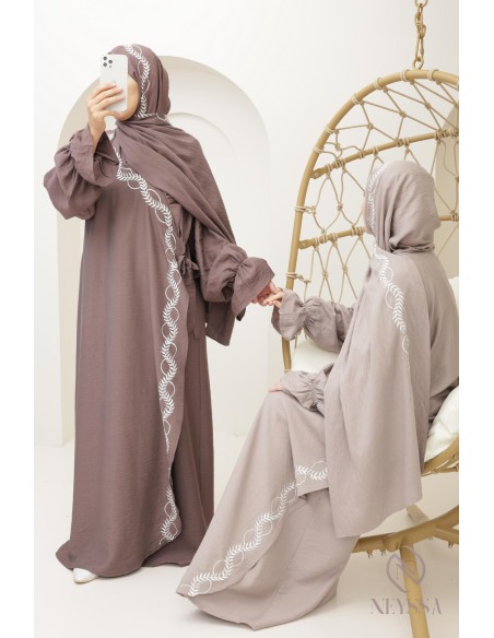 Abaya de prière brodée femme musulmane hijab intégré, ramadan 2025