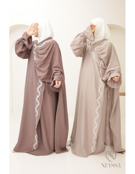 Embroidered muslim woman prayer abaya integrated hijab, ramadan 2025