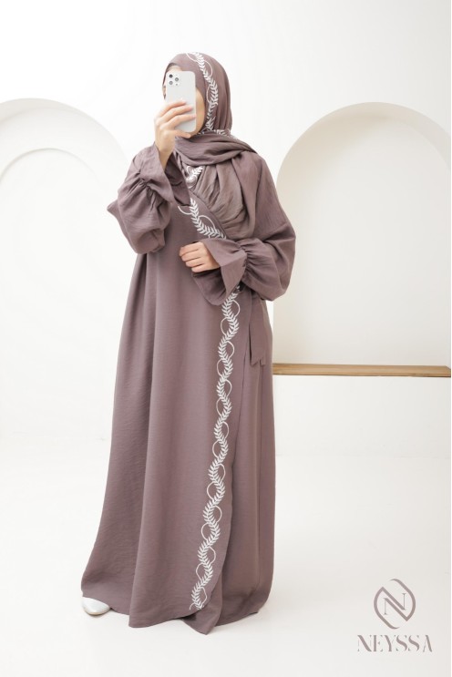 Abaya de prière brodée femme musulmane hijab intégré, ramadan 2025