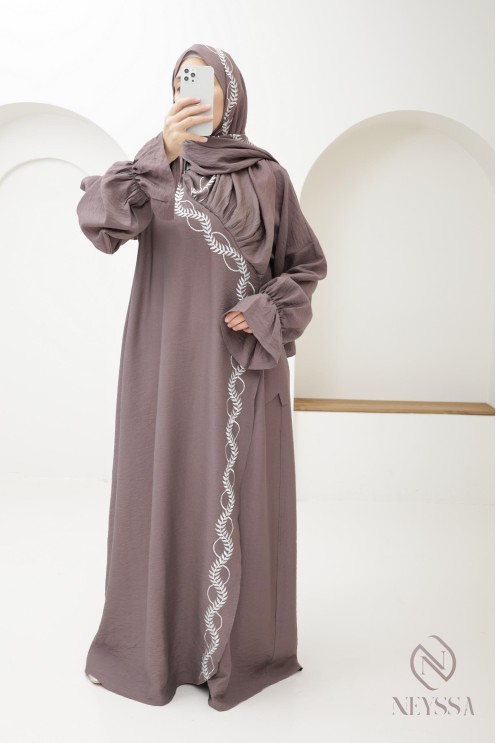 Embroidered muslim woman prayer abaya integrated hijab, ramadan 2025
