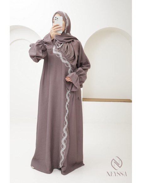 Embroidered muslim woman prayer abaya integrated hijab, ramadan 2025