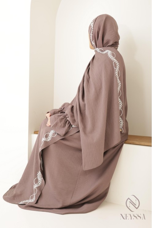 Abaya de prière brodée femme musulmane hijab intégré, ramadan 2025