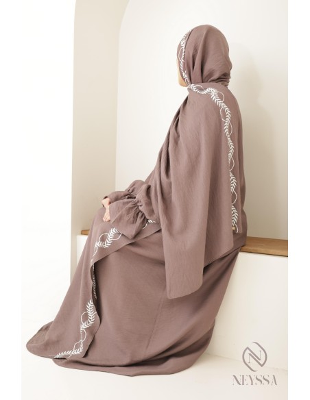 Abaya de prière brodée femme musulmane hijab intégré, ramadan 2025