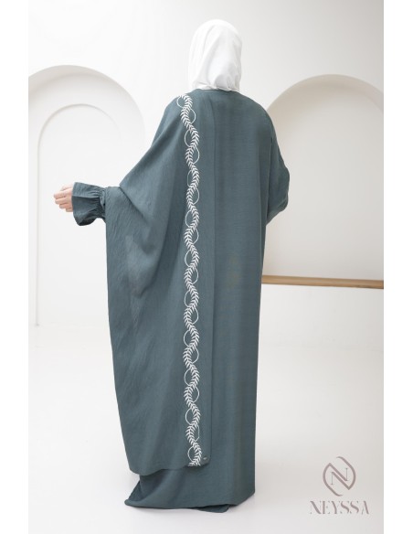 Abaya de prière brodée avec hijab intégré vert, idéale pour le ramadan