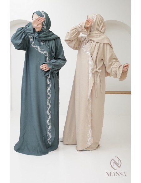 Bestickte Gebetsabaya integriertem Hijab in Grün, ideal für Ramadan