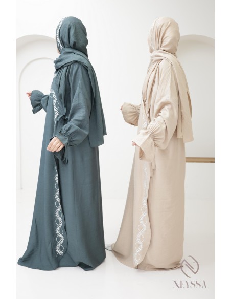 Abaya de prière brodée avec hijab intégré vert, idéale pour le ramadan