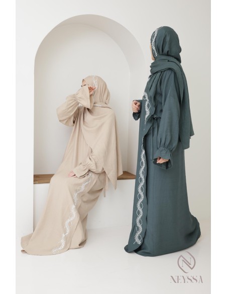 Embroidered prayer abaya with integrated green hijab, ideal Ramadan