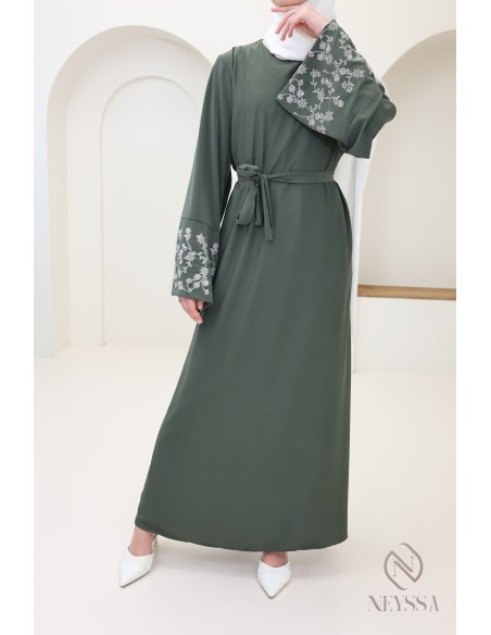 Abaya long straight cut wide sleeves with rhinestones, Eid outfit