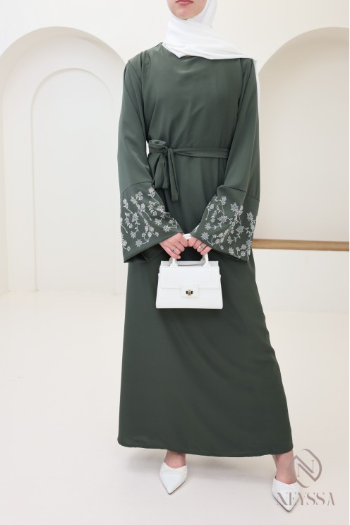 Abaya long straight cut wide sleeves with rhinestones, Eid outfit