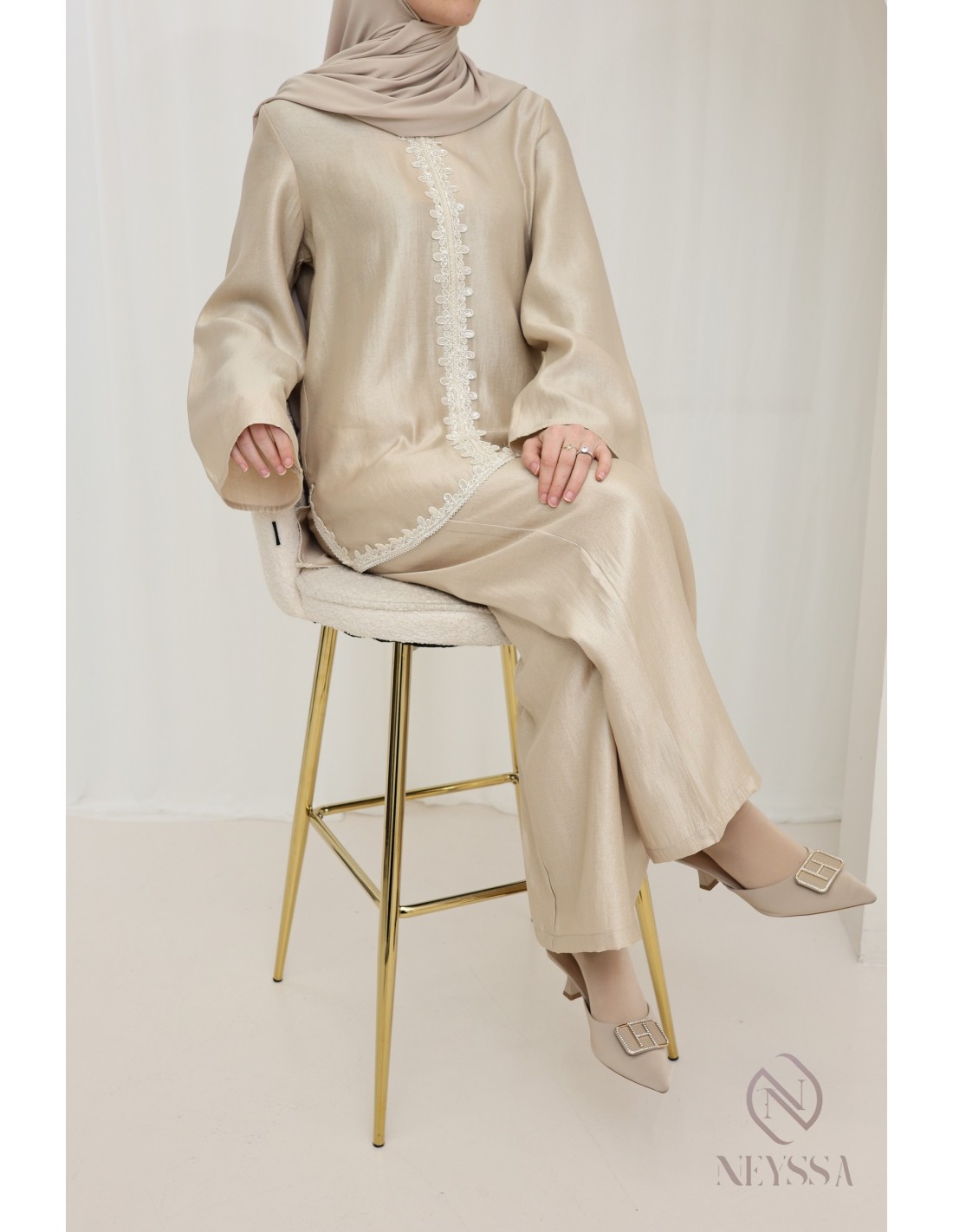 Ensemble pantalon et tunique dame en coton femme blanche brodée avec écharpe style Penjab élégant main image 1