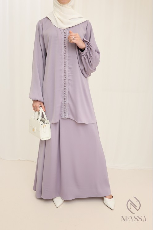 Ensemble Lilas tunique + jupe longue style caftan marocain femme