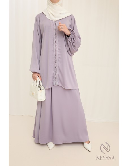 Ensemble Lilas tunique + jupe longue style caftan marocain femme