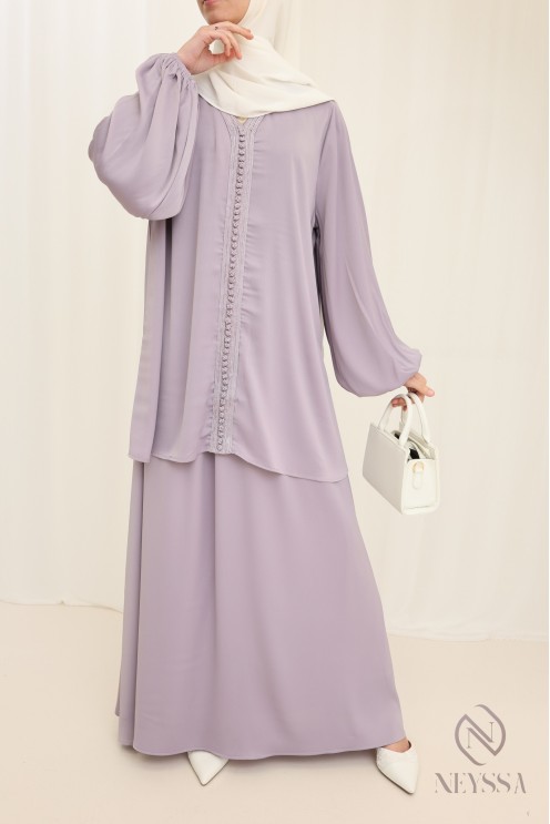 Ensemble Lilas tunique + jupe longue style caftan marocain femme