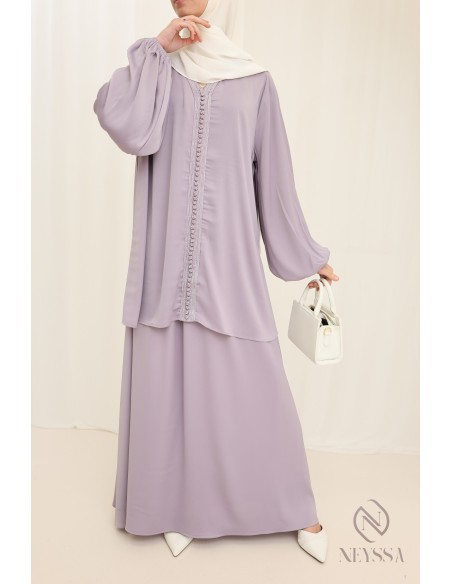Ensemble Lilas tunique + jupe longue style caftan marocain femme