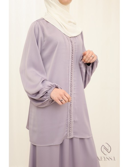 Ensemble Lilas tunique + jupe longue style caftan marocain femme