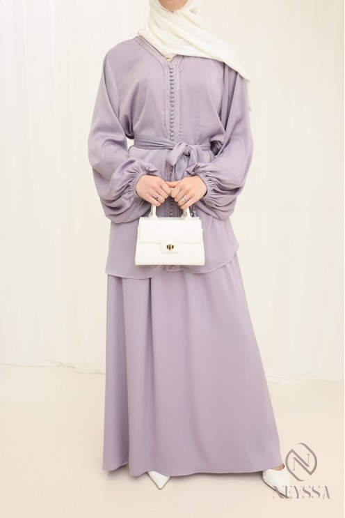 Ensemble Lilas tunique + jupe longue style caftan marocain femme
