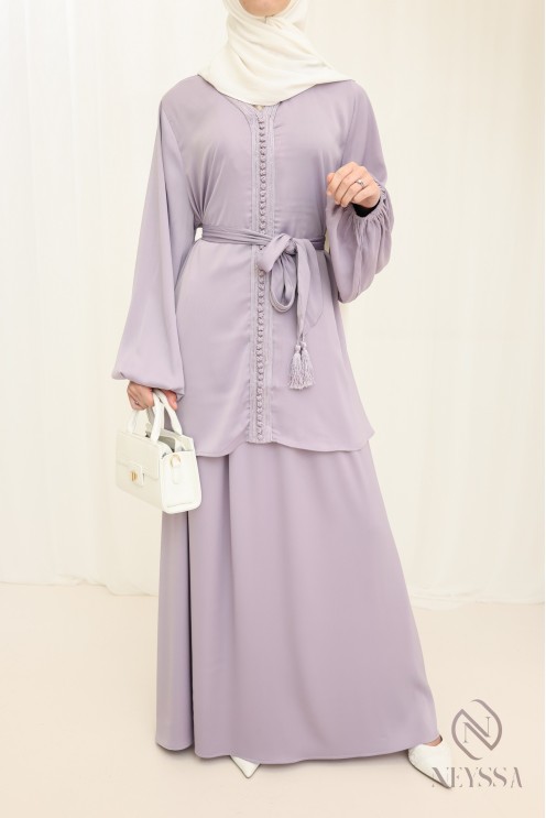 Ensemble Lilas tunique + jupe longue style caftan marocain femme