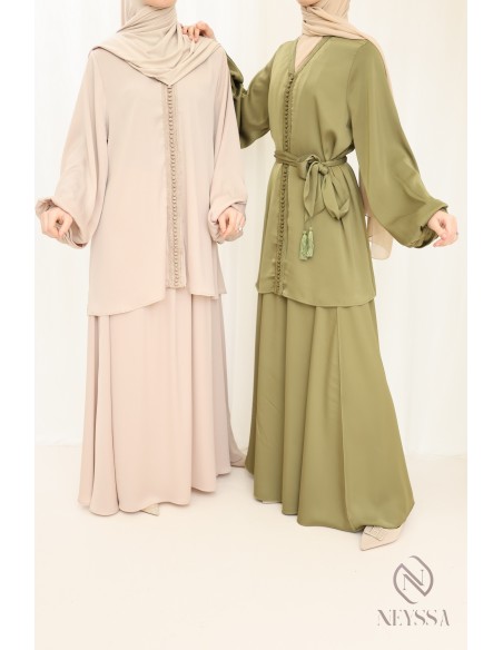 Ensemble tunique longue avec jupe beige,  pour femme voilée pour l'Aïd