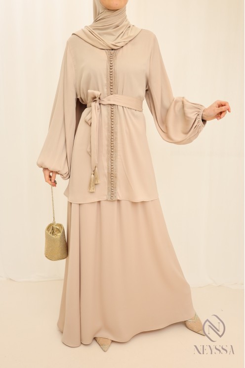 Ensemble tunique longue avec jupe beige,  pour femme voilée pour l'Aïd