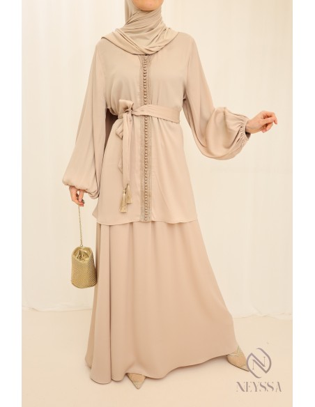 Ensemble tunique longue avec jupe beige,  pour femme voilée pour l'Aïd