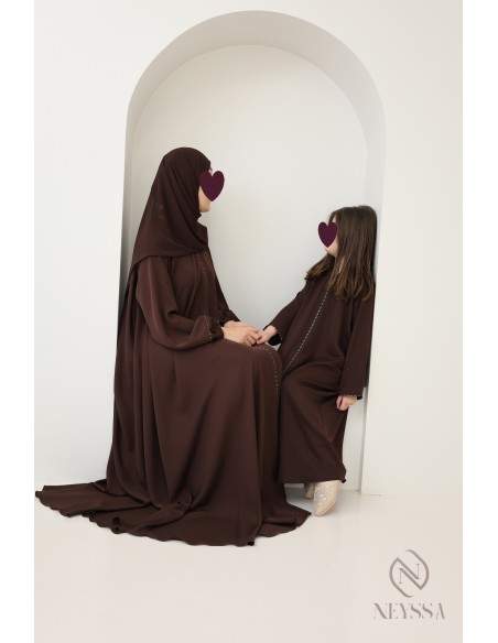 Braune Abaya Dubai mit Puffärmeln, Mutter/Tochter-Look für Eid 2025